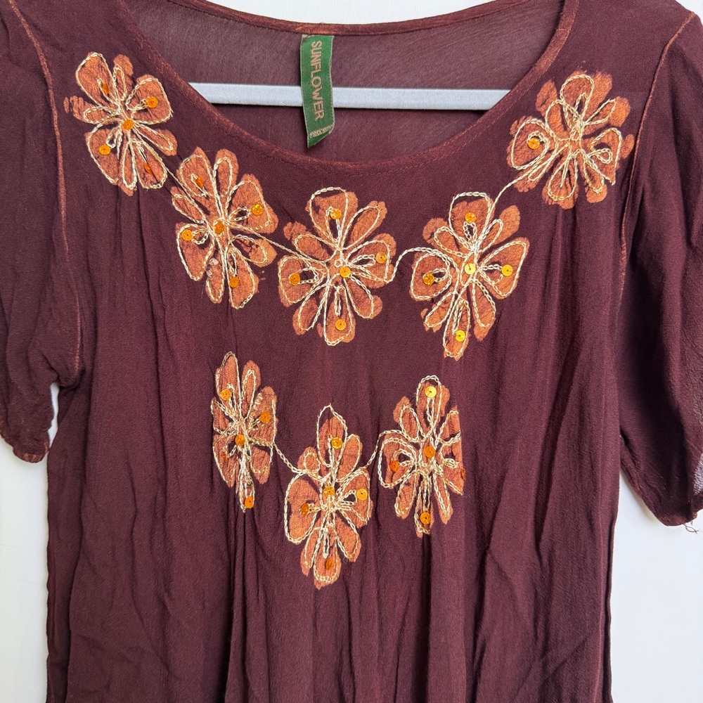 Sunflower Boho Embroidered Brown Orange Sequin Tunic Top Free Size Boho Hippie - Picture 4 of 11